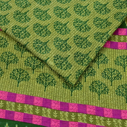 Indian Vintage Green Pure Cotton Saree Traditional Ikat Elephant Print 5 Yard Fabric Lightweight Boho Craft Material
