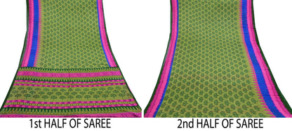 Indian Vintage Green Pure Cotton Saree Traditional Ikat Elephant Print 5 Yard Fabric Lightweight Boho Craft Material