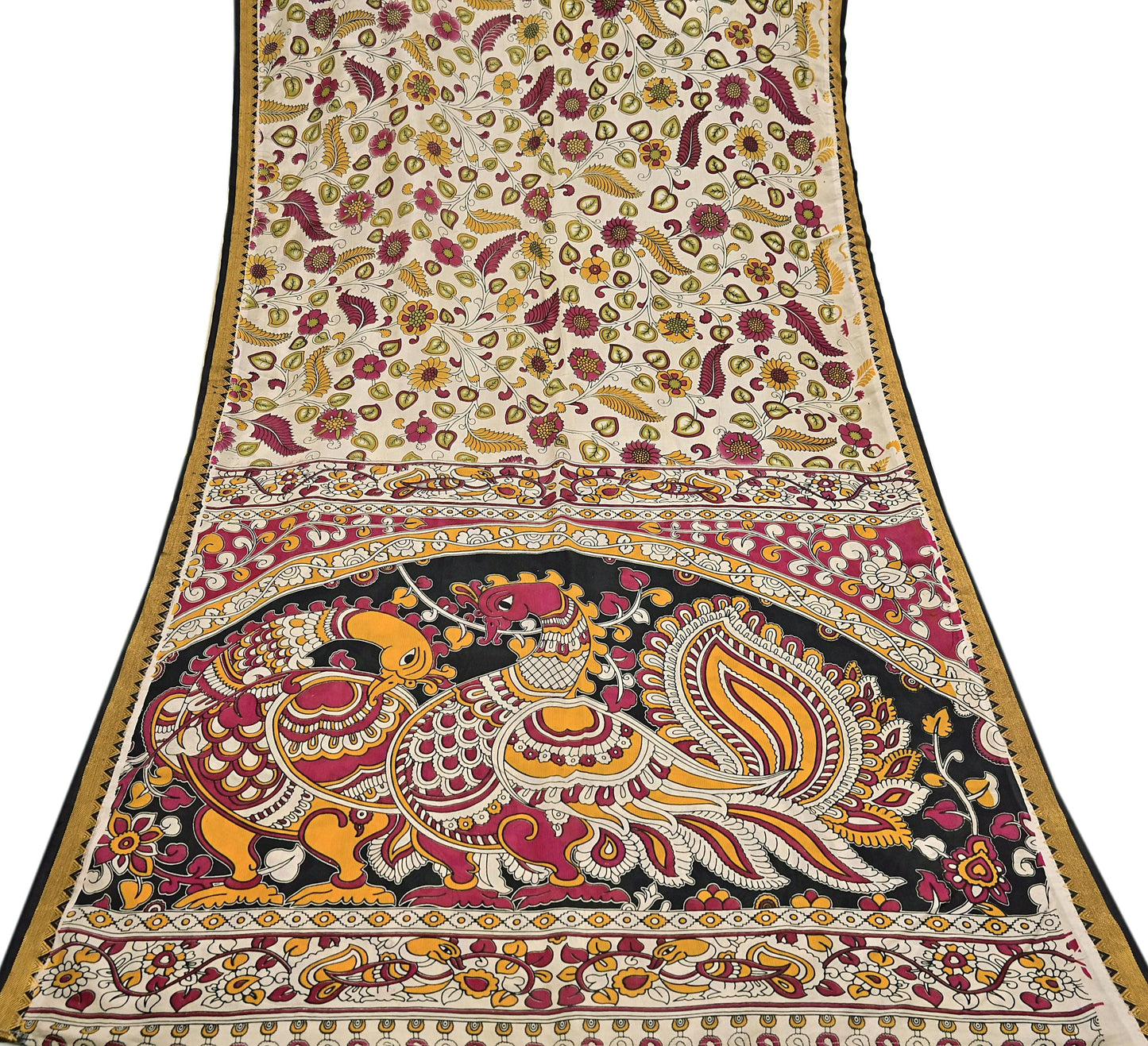 Indian Vintage Sari Kalamkari Print Sari Pure Cotton Saree Craft Fabric 5Yd Soft Dancing Lady Ethnic Dress Making