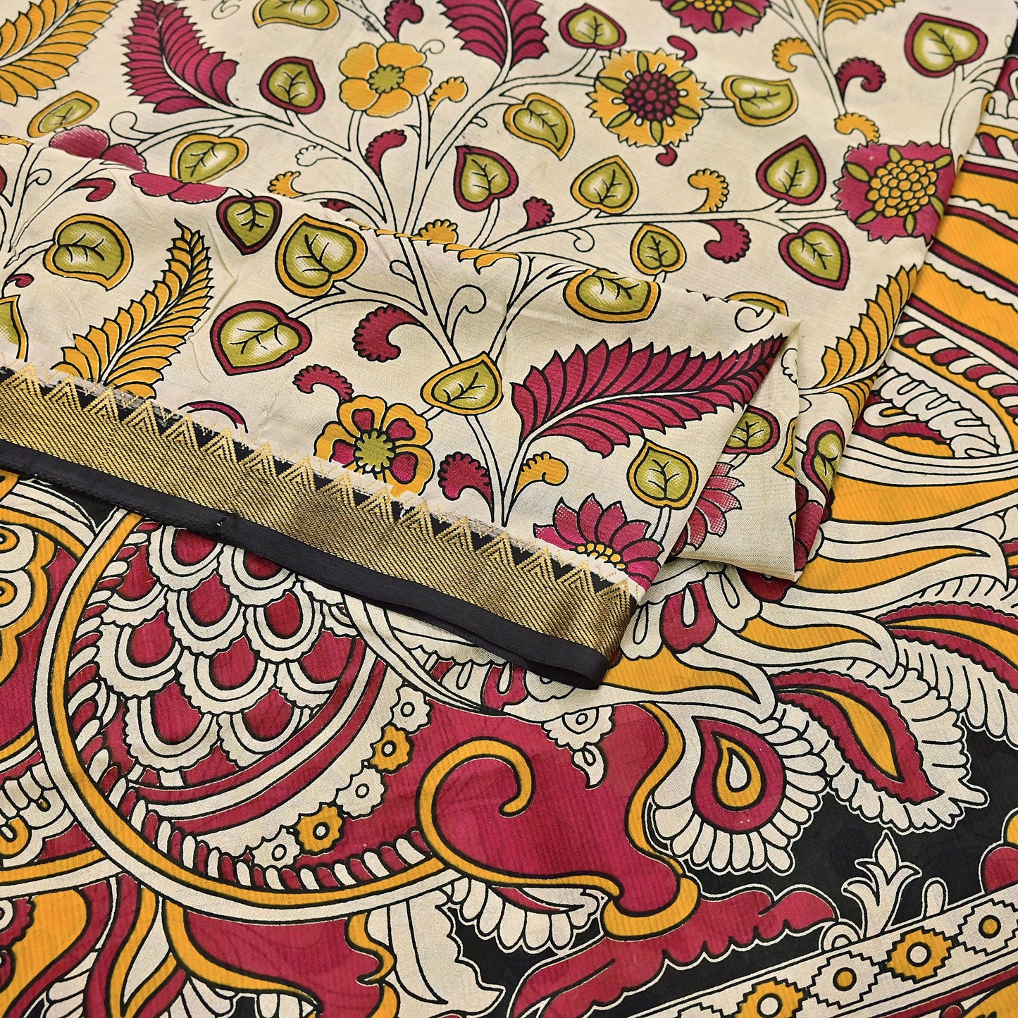 Indian Vintage Sari Kalamkari Print Sari Pure Cotton Saree Craft Fabric 5Yd Soft Dancing Lady Ethnic Dress Making
