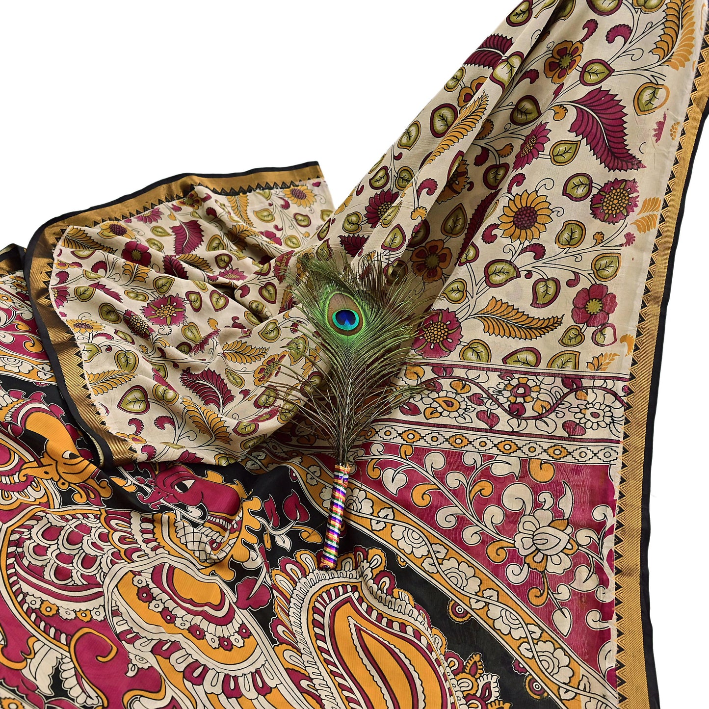 Indian Vintage Sari Kalamkari Print Sari Pure Cotton Saree Craft Fabric 5Yd Soft Dancing Lady Ethnic Dress Making
