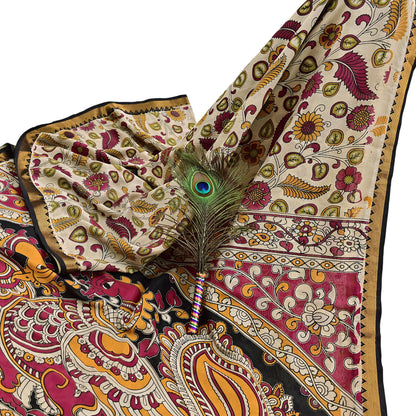 Indian Vintage Sari Kalamkari Print Sari Pure Cotton Saree Craft Fabric 5Yd Soft Dancing Lady Ethnic Dress Making