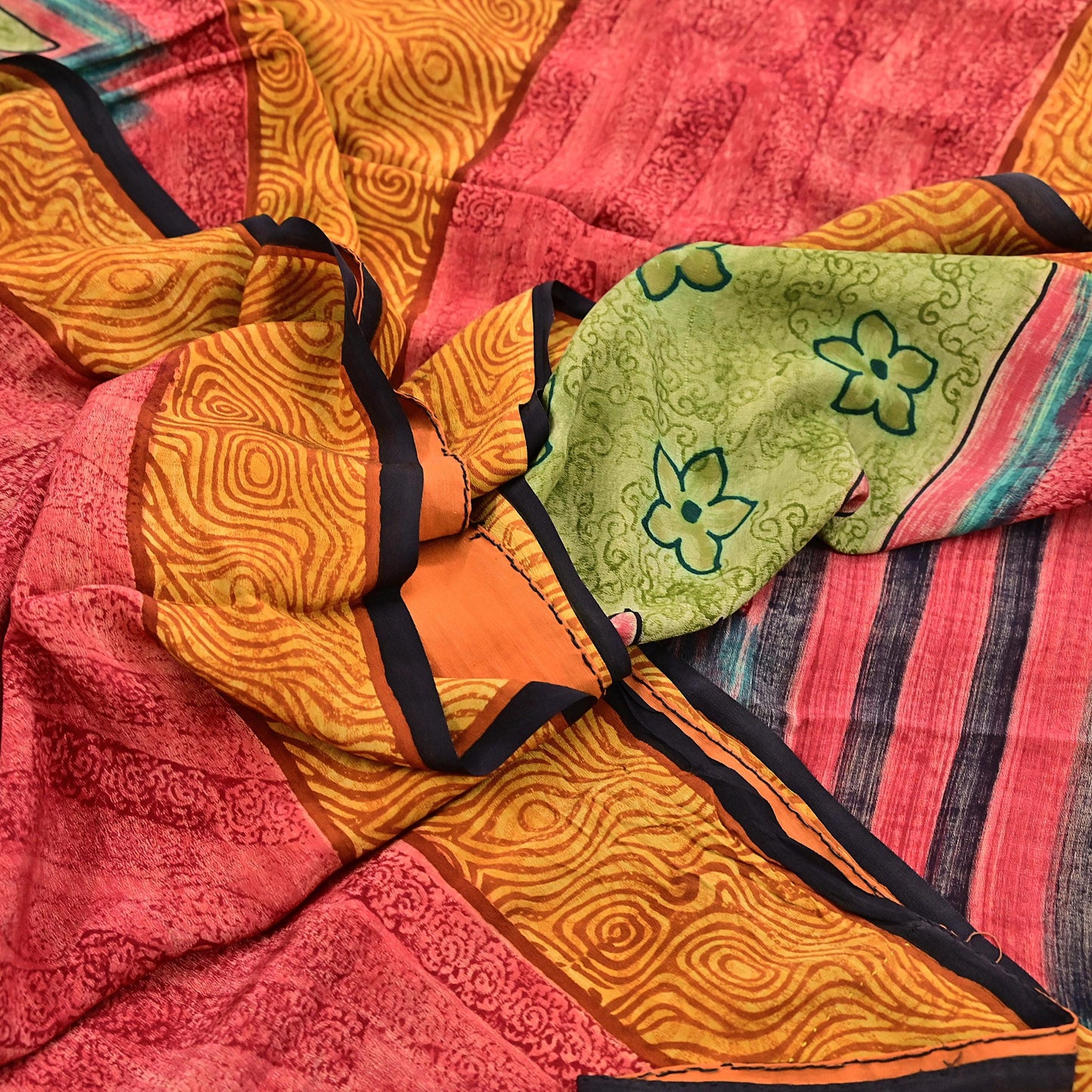 Indian Vintage Sari Mustard & Red Pure Crepe Silk Printed Sarees 5yd Sewing Floral Soft Craft Fabric Wrap Dress making Crafting Quilting