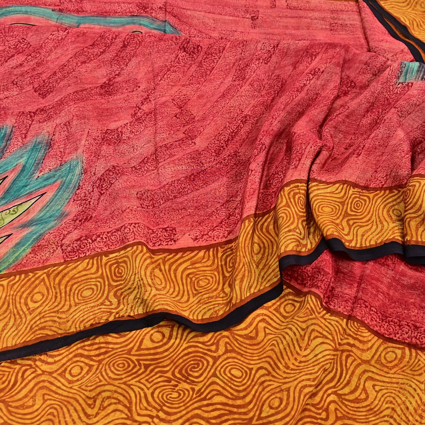 Indian Vintage Sari Mustard & Red Pure Crepe Silk Printed Sarees 5yd Sewing Floral Soft Craft Fabric Wrap Dress making Crafting Quilting