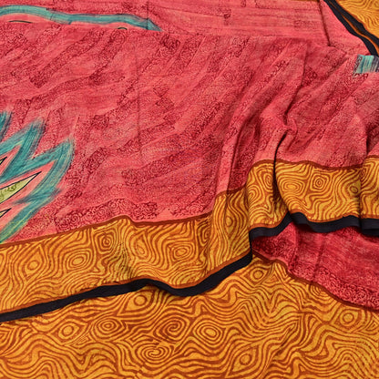 Indian Vintage Sari Mustard & Red Pure Crepe Silk Printed Sarees 5yd Sewing Floral Soft Craft Fabric Wrap Dress making Crafting Quilting