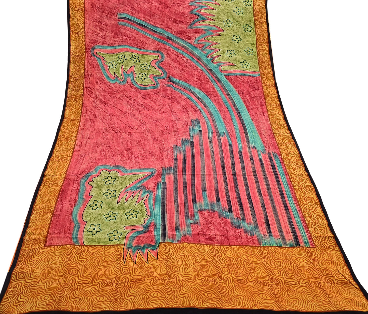 Indian Vintage Sari Mustard & Red Pure Crepe Silk Printed Sarees 5yd Sewing Floral Soft Craft Fabric Wrap Dress making Crafting Quilting