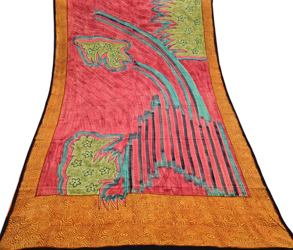 Indian Vintage Sari Mustard & Red Pure Crepe Silk Printed Sarees 5yd Sewing Floral Soft Craft Fabric Wrap Dress making Crafting Quilting