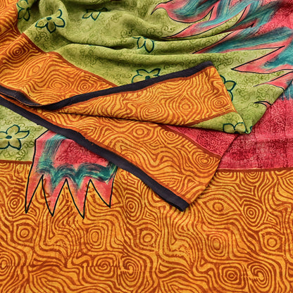 Indian Vintage Sari Mustard & Red Pure Crepe Silk Printed Sarees 5yd Sewing Floral Soft Craft Fabric Wrap Dress making Crafting Quilting