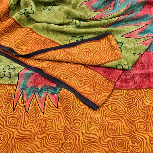 Indian Vintage Sari Mustard & Red Pure Crepe Silk Printed Sarees 5yd Sewing Floral Soft Craft Fabric Wrap Dress making Crafting Quilting