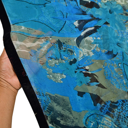 Indian Vintage Sari Blue & Green 100% Pure Georgette Silk Printed Sarees Sewing 5yd Craft Soft Dress Designing for Crafting Abstract