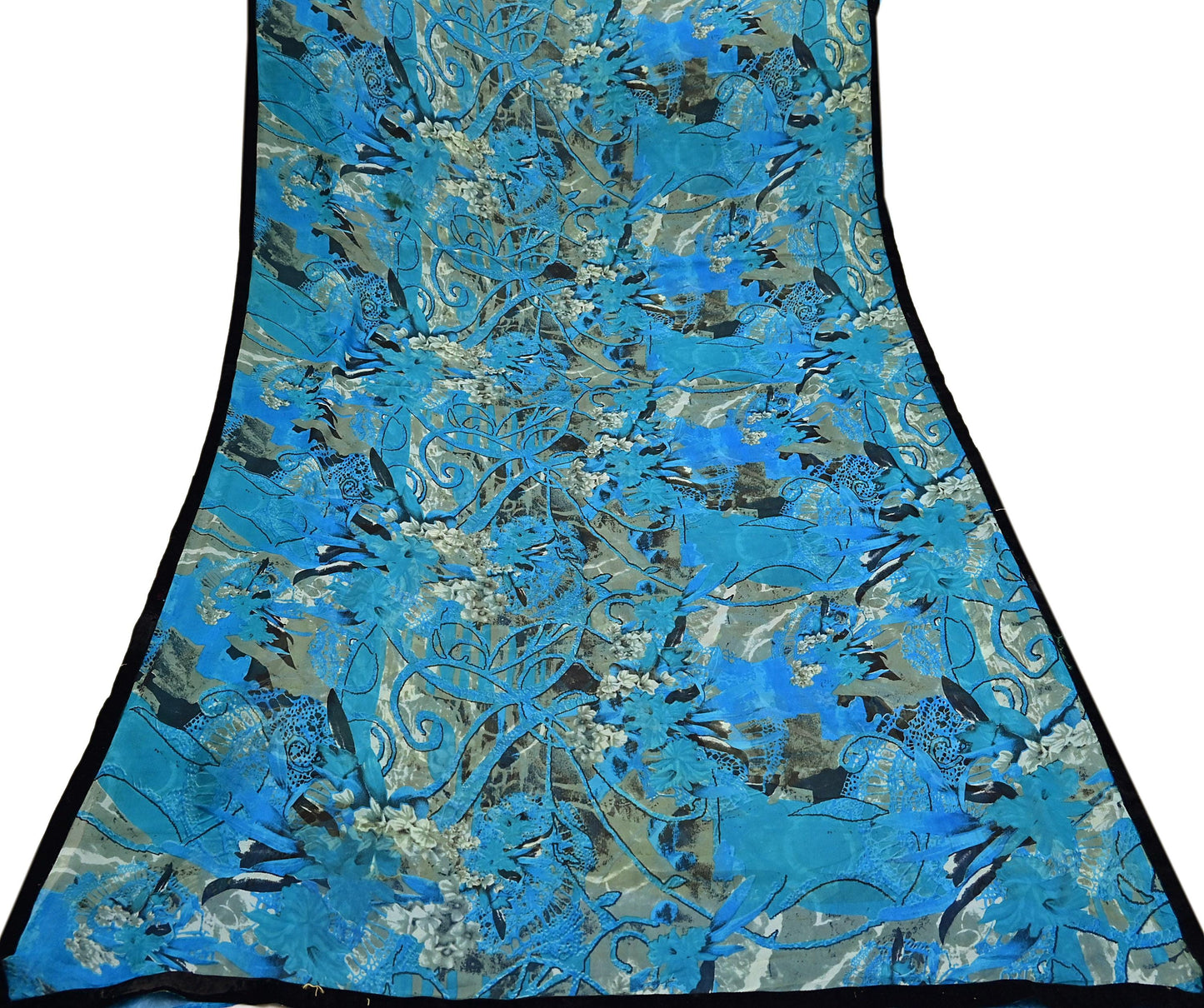 Indian Vintage Sari Blue & Green 100% Pure Georgette Silk Printed Sarees Sewing 5yd Craft Soft Dress Designing for Crafting Abstract