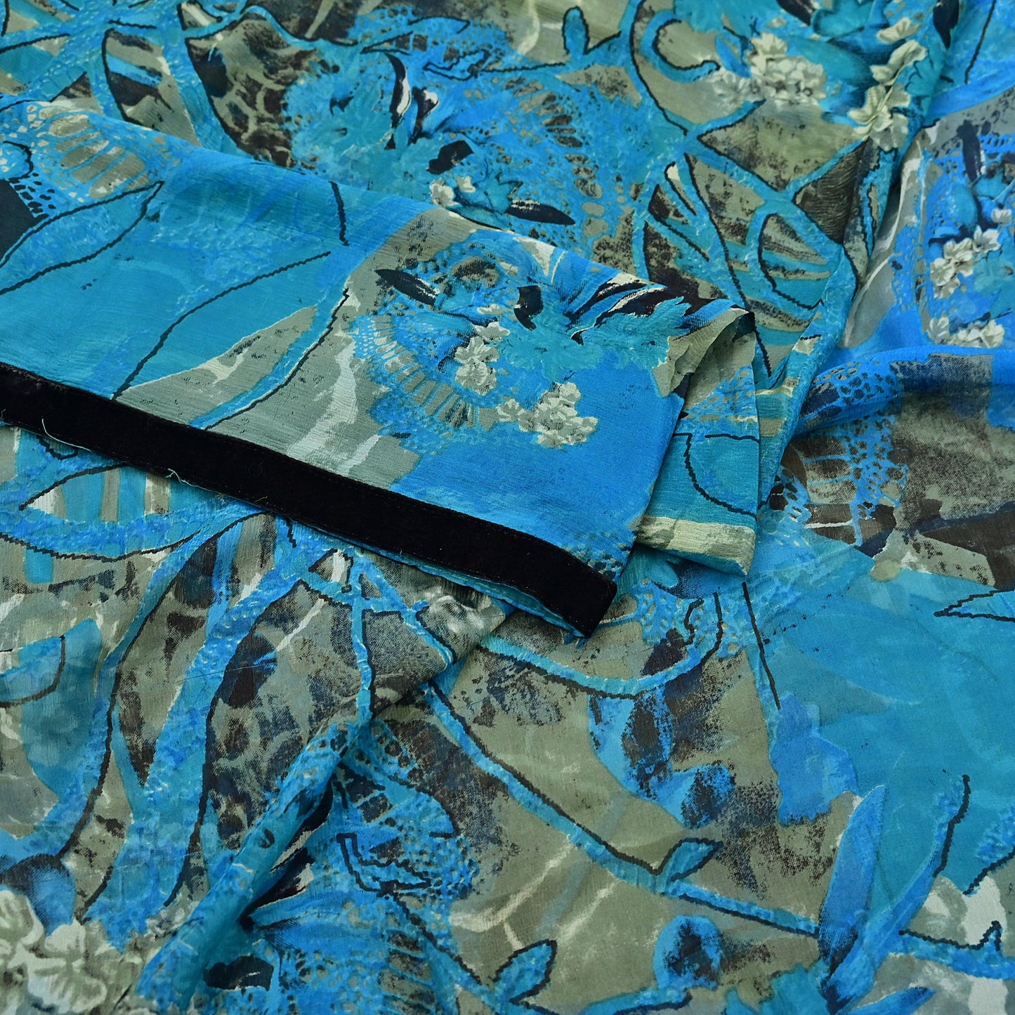 Indian Vintage Sari Blue & Green 100% Pure Georgette Silk Printed Sarees Sewing 5yd Craft Soft Dress Designing for Crafting Abstract