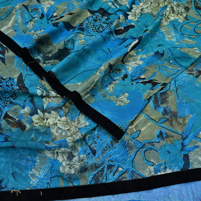Indian Vintage Sari Blue & Green 100% Pure Georgette Silk Printed Sarees Sewing 5yd Craft Soft Dress Designing for Crafting Abstract