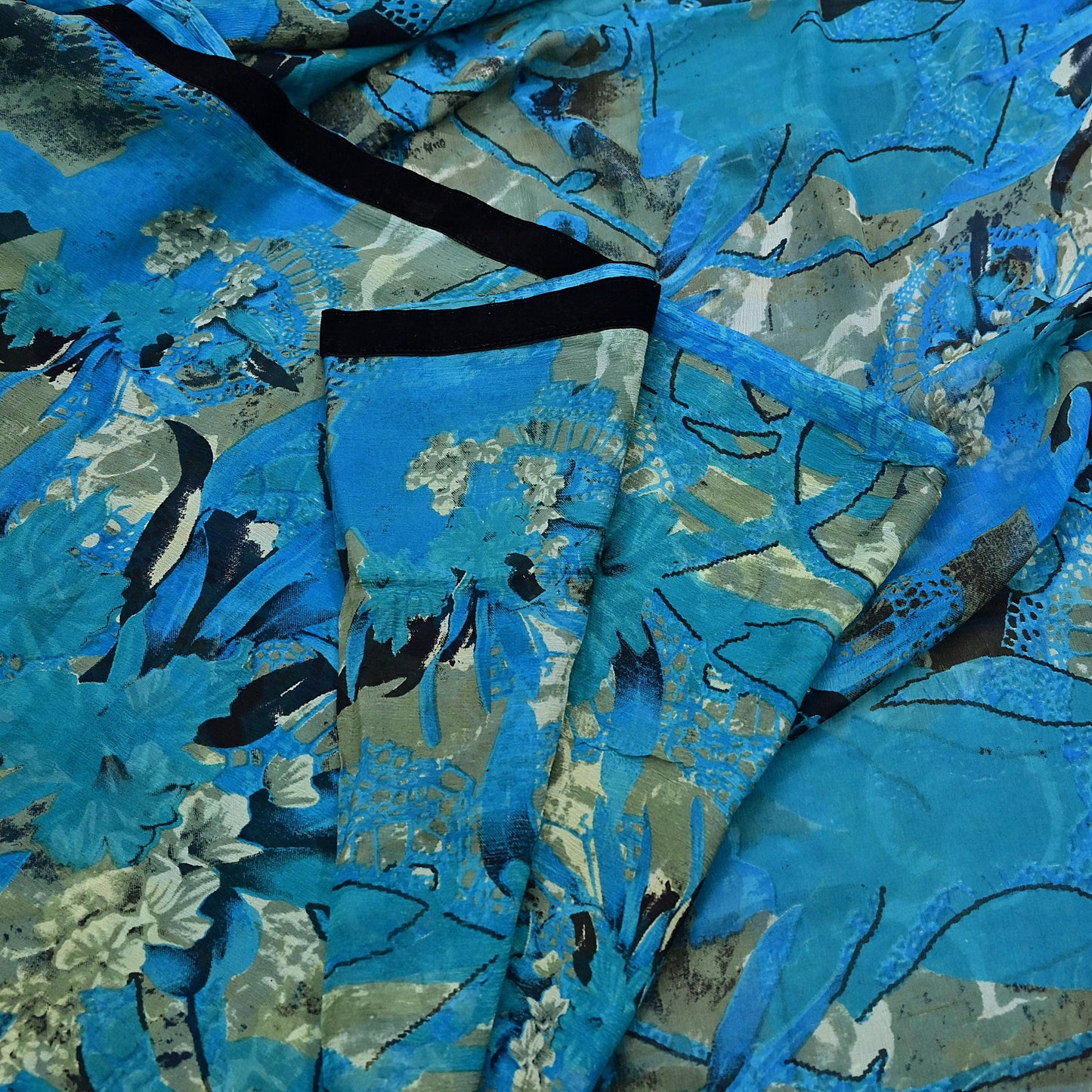 Indian Vintage Sari Blue & Green 100% Pure Georgette Silk Printed Sarees Sewing 5yd Craft Soft Dress Designing for Crafting Abstract