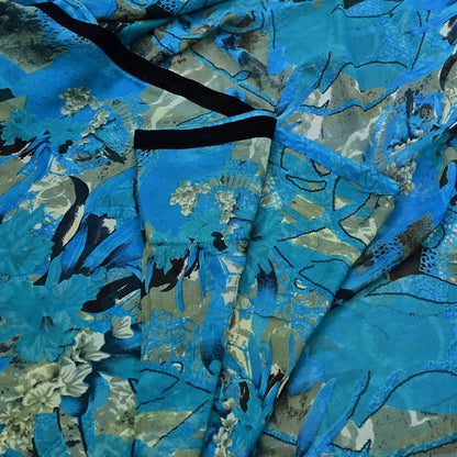 Indian Vintage Sari Blue & Green 100% Pure Georgette Silk Printed Sarees Sewing 5yd Craft Soft Dress Designing for Crafting Abstract