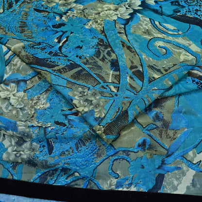 Indian Vintage Sari Blue & Green 100% Pure Georgette Silk Printed Sarees Sewing 5yd Craft Soft Dress Designing for Crafting Abstract