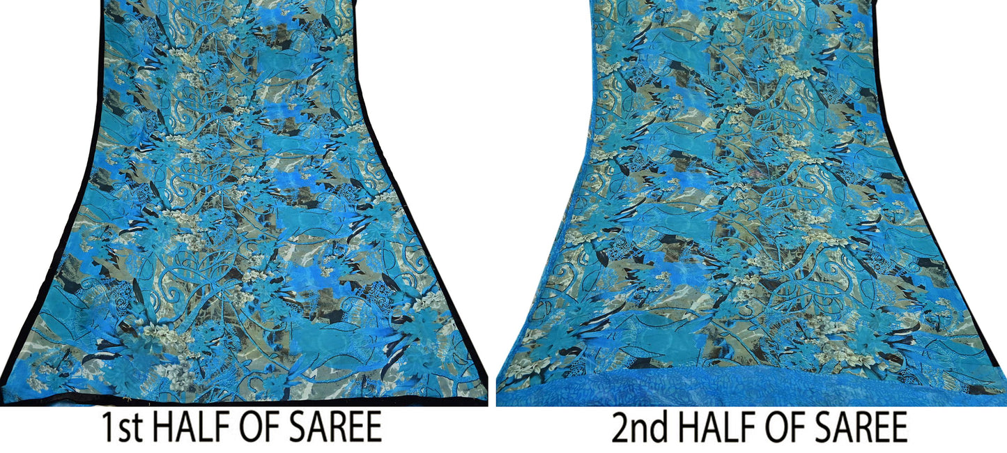 Indian Vintage Sari Blue & Green 100% Pure Georgette Silk Printed Sarees Sewing 5yd Craft Soft Dress Designing for Crafting Abstract