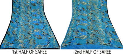 Indian Vintage Sari Blue & Green 100% Pure Georgette Silk Printed Sarees Sewing 5yd Craft Soft Dress Designing for Crafting Abstract