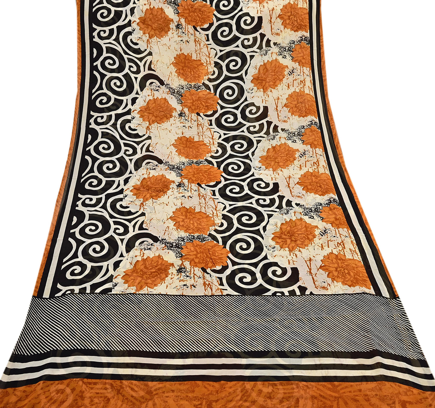 Indian Vintage Sari Ivory & Black Pure Georgette Silk Printed Sarees Craft Fabric Sewing 5Yd Soft Dress Making Crafting Quilting Upcycle