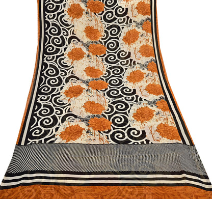 Indian Vintage Sari Ivory & Black Pure Georgette Silk Printed Sarees Craft Fabric Sewing 5Yd Soft Dress Making Crafting Quilting Upcycle