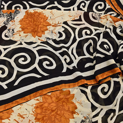 Indian Vintage Sari Ivory & Black Pure Georgette Silk Printed Sarees Craft Fabric Sewing 5Yd Soft Dress Making Crafting Quilting Upcycle