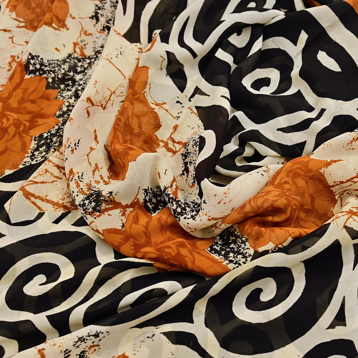 Indian Vintage Sari Ivory & Black Pure Georgette Silk Printed Sarees Craft Fabric Sewing 5Yd Soft Dress Making Crafting Quilting Upcycle