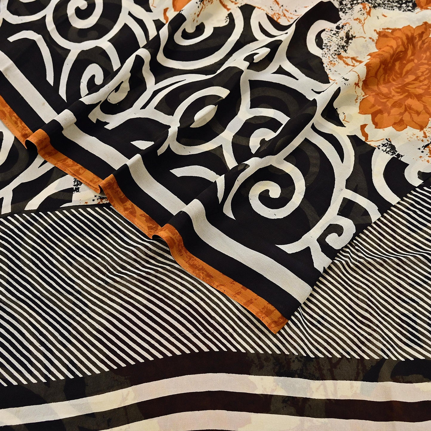 Indian Vintage Sari Ivory & Black Pure Georgette Silk Printed Sarees Craft Fabric Sewing 5Yd Soft Dress Making Crafting Quilting Upcycle