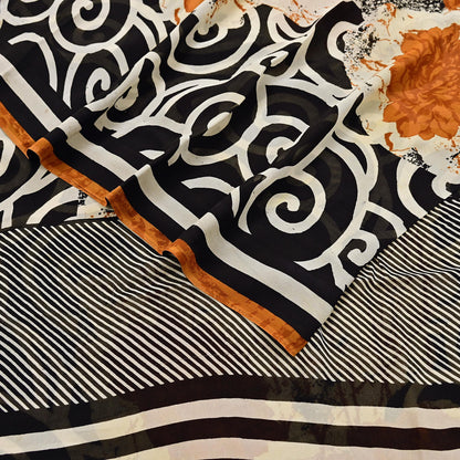 Indian Vintage Sari Ivory & Black Pure Georgette Silk Printed Sarees Craft Fabric Sewing 5Yd Soft Dress Making Crafting Quilting Upcycle