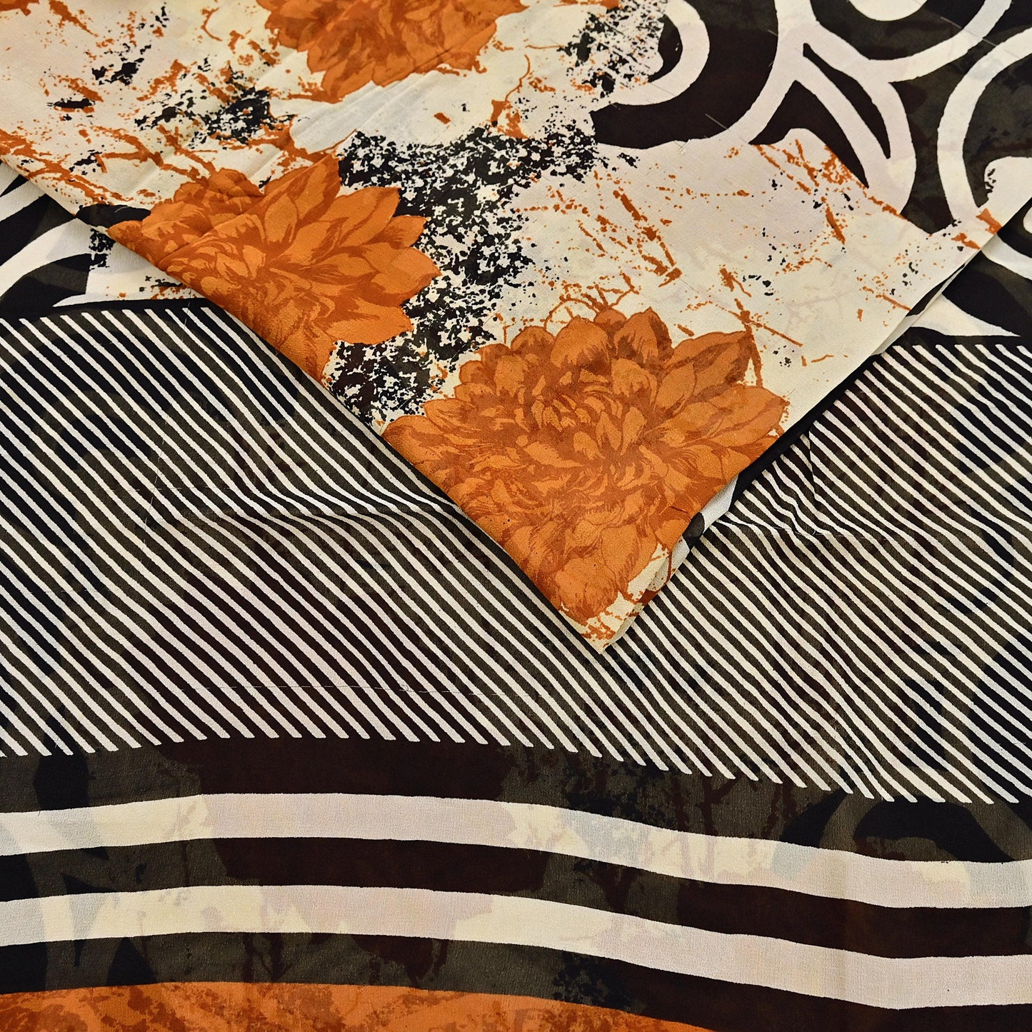 Indian Vintage Sari Ivory & Black Pure Georgette Silk Printed Sarees Craft Fabric Sewing 5Yd Soft Dress Making Crafting Quilting Upcycle