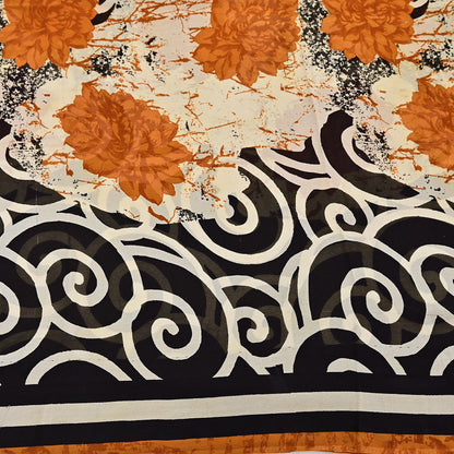 Indian Vintage Sari Ivory & Black Pure Georgette Silk Printed Sarees Craft Fabric Sewing 5Yd Soft Dress Making Crafting Quilting Upcycle