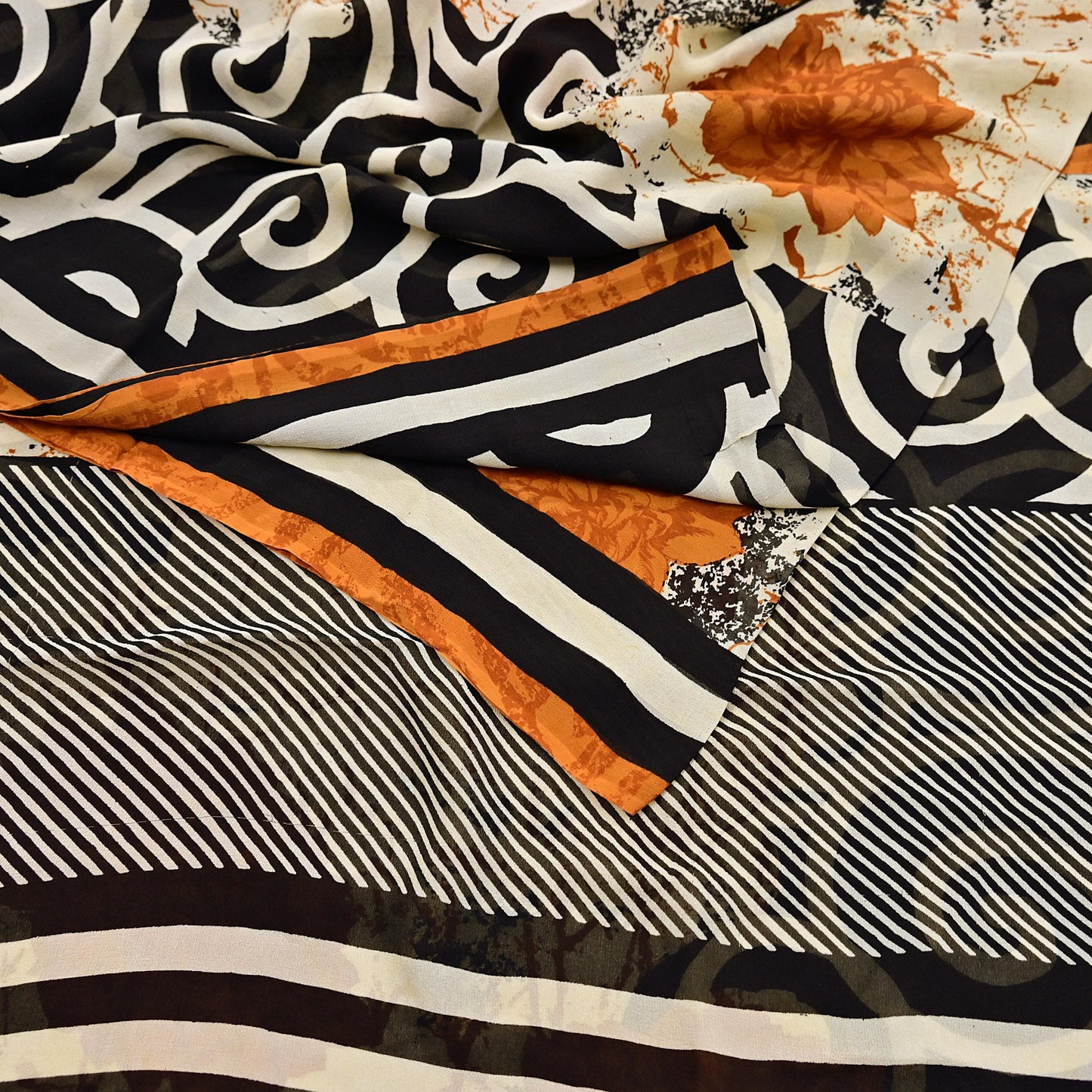 Indian Vintage Sari Ivory & Black Pure Georgette Silk Printed Sarees Craft Fabric Sewing 5Yd Soft Dress Making Crafting Quilting Upcycle