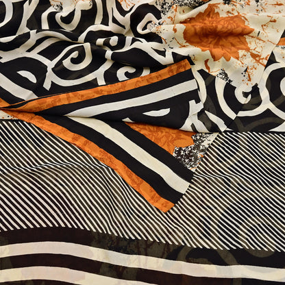 Indian Vintage Sari Ivory & Black Pure Georgette Silk Printed Sarees Craft Fabric Sewing 5Yd Soft Dress Making Crafting Quilting Upcycle