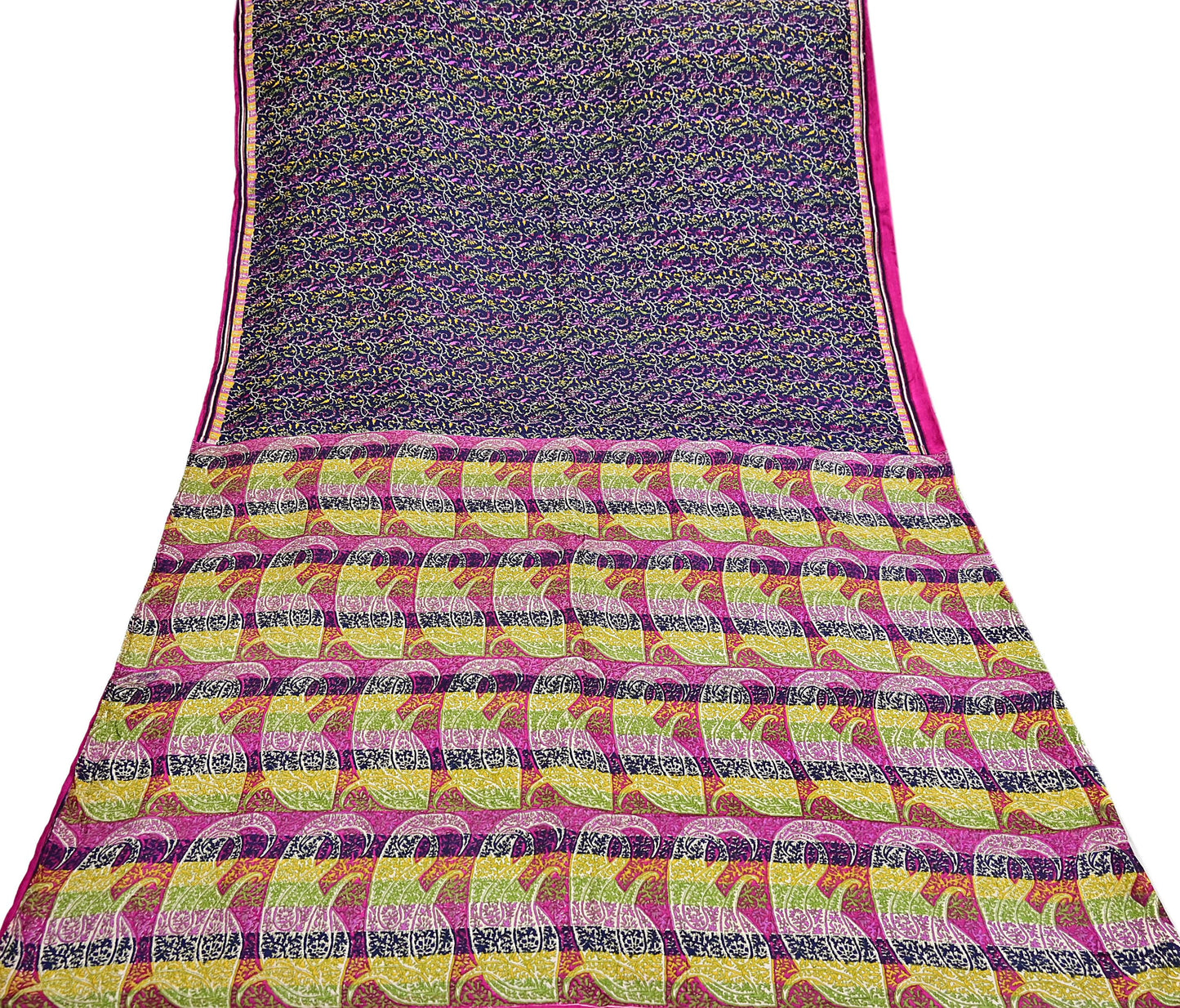 Indian Vintage Pink & Blue Pure Silk Sari 6Yards Soft Printed Floral Fabric Dressmaking, Quilting, Crafting, Sewing, Upcycle Projects