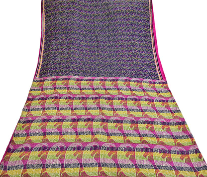 Indian Vintage Pink & Blue Pure Silk Sari 6Yards Soft Printed Floral Fabric Dressmaking, Quilting, Crafting, Sewing, Upcycle Projects