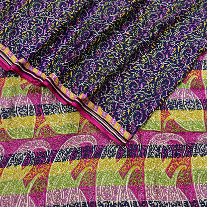 Indian Vintage Pink & Blue Pure Silk Sari 6Yards Soft Printed Floral Fabric Dressmaking, Quilting, Crafting, Sewing, Upcycle Projects