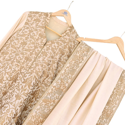 Vintage IVory Woven zari Work Khadi Silk Suit Set, Hand Embroidered Indian Kurta Dupatta, Party Wear Ethnic Outfit