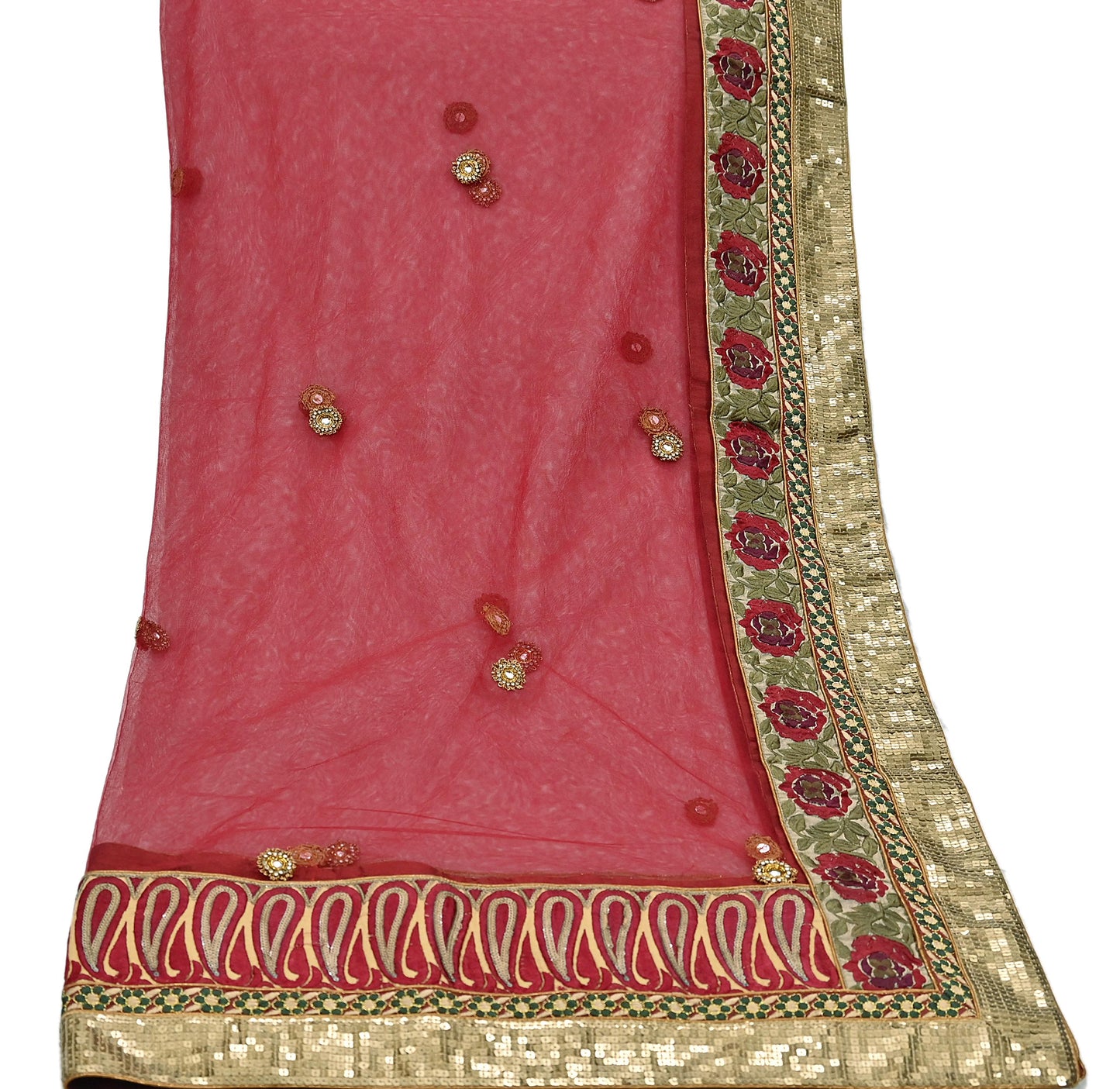 Indian Vintage Beige & Red Net/Mesh Hand Embroidered Lehenga 2pcs Set Bridal Party Wear With Blouse/Dupatta Bollywood Lehenga Zardozi/ Dabka