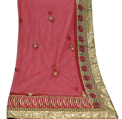 Indian Vintage Beige & Red Net/Mesh Hand Embroidered Lehenga 2pcs Set Bridal Party Wear With Blouse/Dupatta Bollywood Lehenga Zardozi/ Dabka
