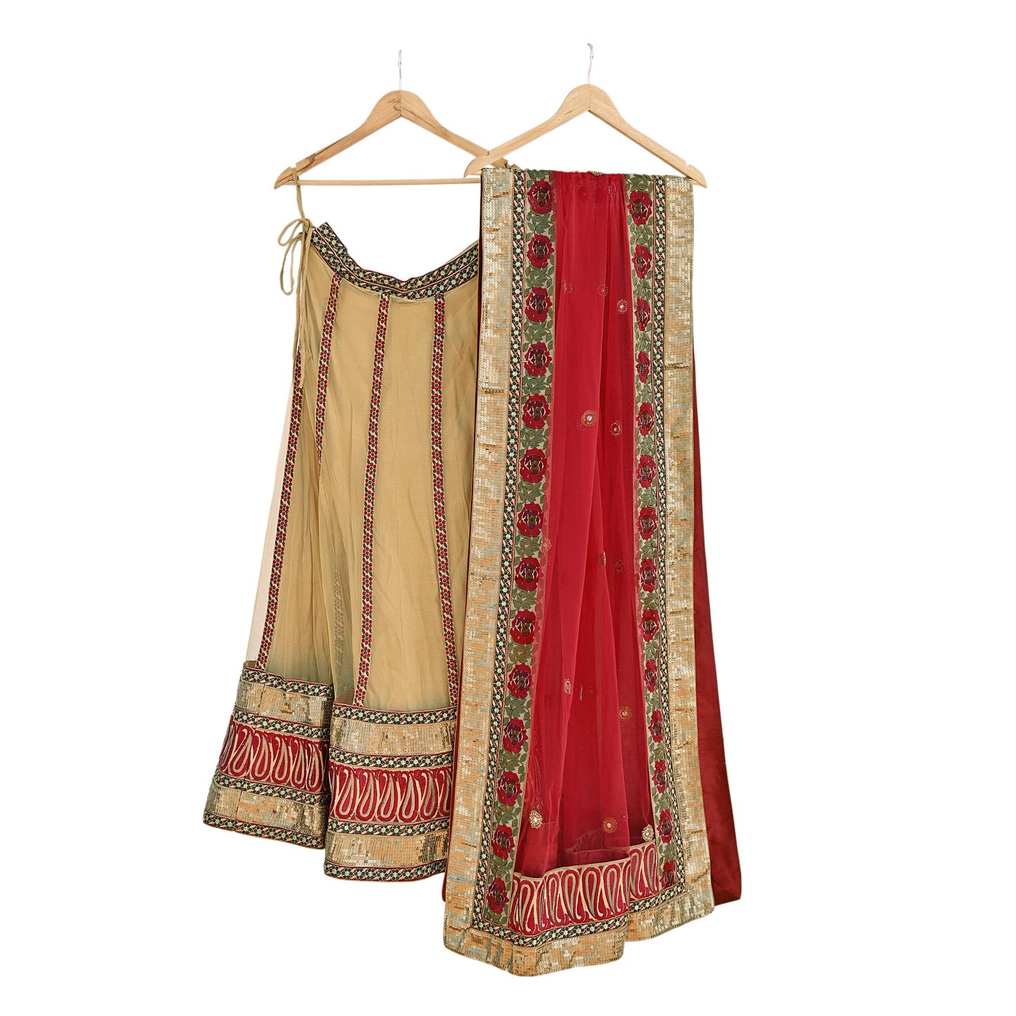 Indian Vintage Beige & Red Net/Mesh Hand Embroidered Lehenga 2pcs Set Bridal Party Wear With Blouse/Dupatta Bollywood Lehenga Zardozi/ Dabka