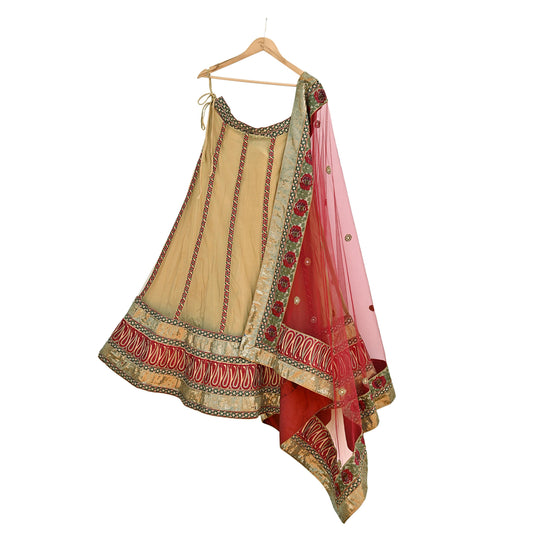 Indian Vintage Beige & Red Net/Mesh Hand Embroidered Lehenga 2pcs Set Bridal Party Wear With Blouse/Dupatta Bollywood Lehenga Zardozi/ Dabka