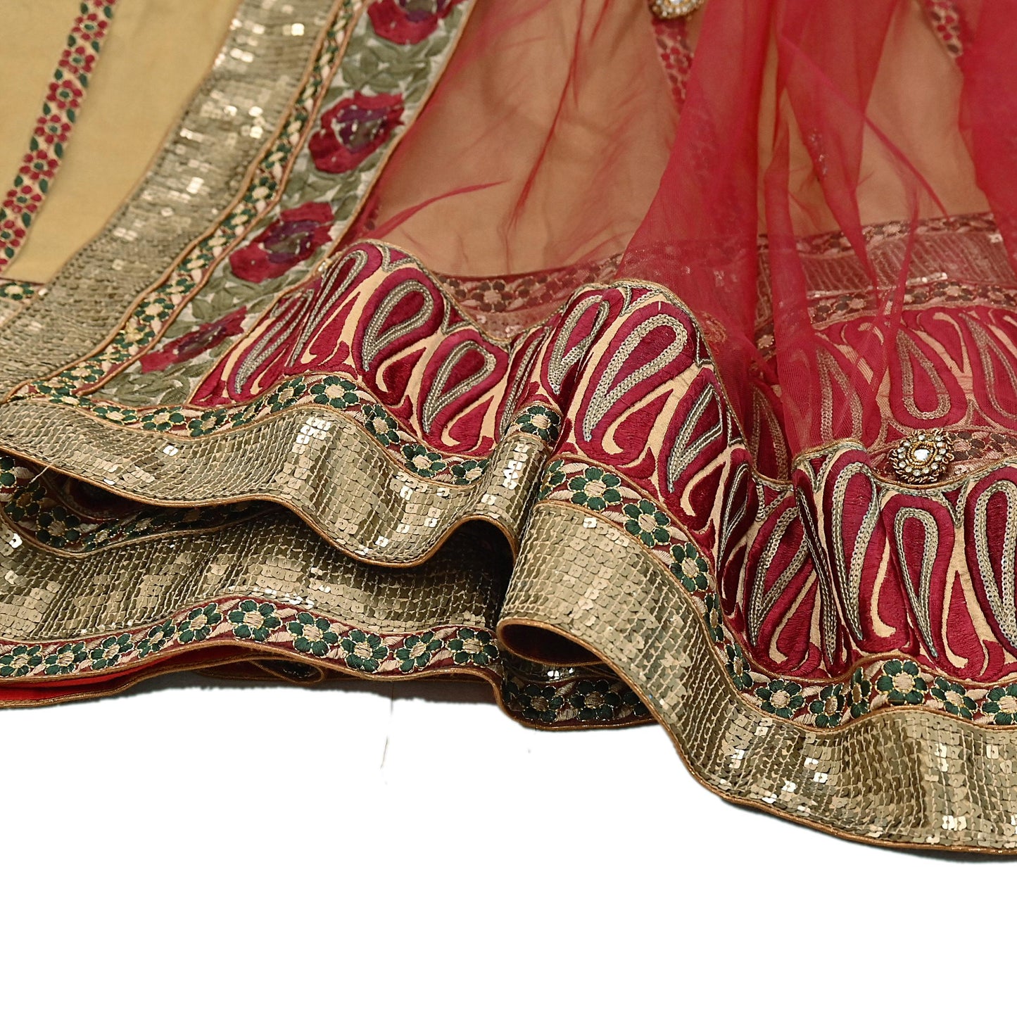 Indian Vintage Beige & Red Net/Mesh Hand Embroidered Lehenga 2pcs Set Bridal Party Wear With Blouse/Dupatta Bollywood Lehenga Zardozi/ Dabka
