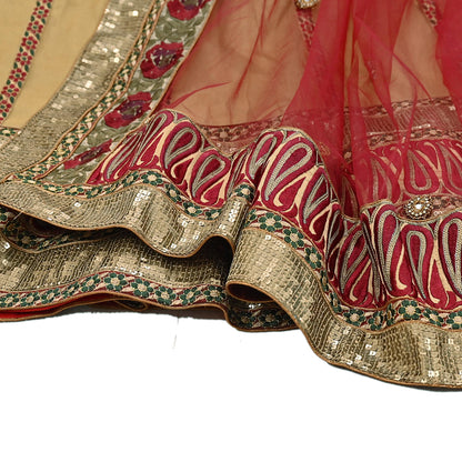 Indian Vintage Beige & Red Net/Mesh Hand Embroidered Lehenga 2pcs Set Bridal Party Wear With Blouse/Dupatta Bollywood Lehenga Zardozi/ Dabka