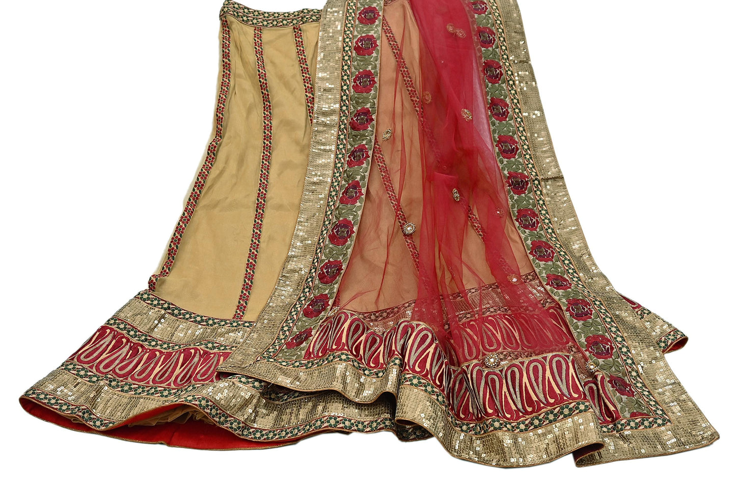 Indian Vintage Beige & Red Net/Mesh Hand Embroidered Lehenga 2pcs Set Bridal Party Wear With Blouse/Dupatta Bollywood Lehenga Zardozi/ Dabka