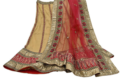 Indian Vintage Beige & Red Net/Mesh Hand Embroidered Lehenga 2pcs Set Bridal Party Wear With Blouse/Dupatta Bollywood Lehenga Zardozi/ Dabka