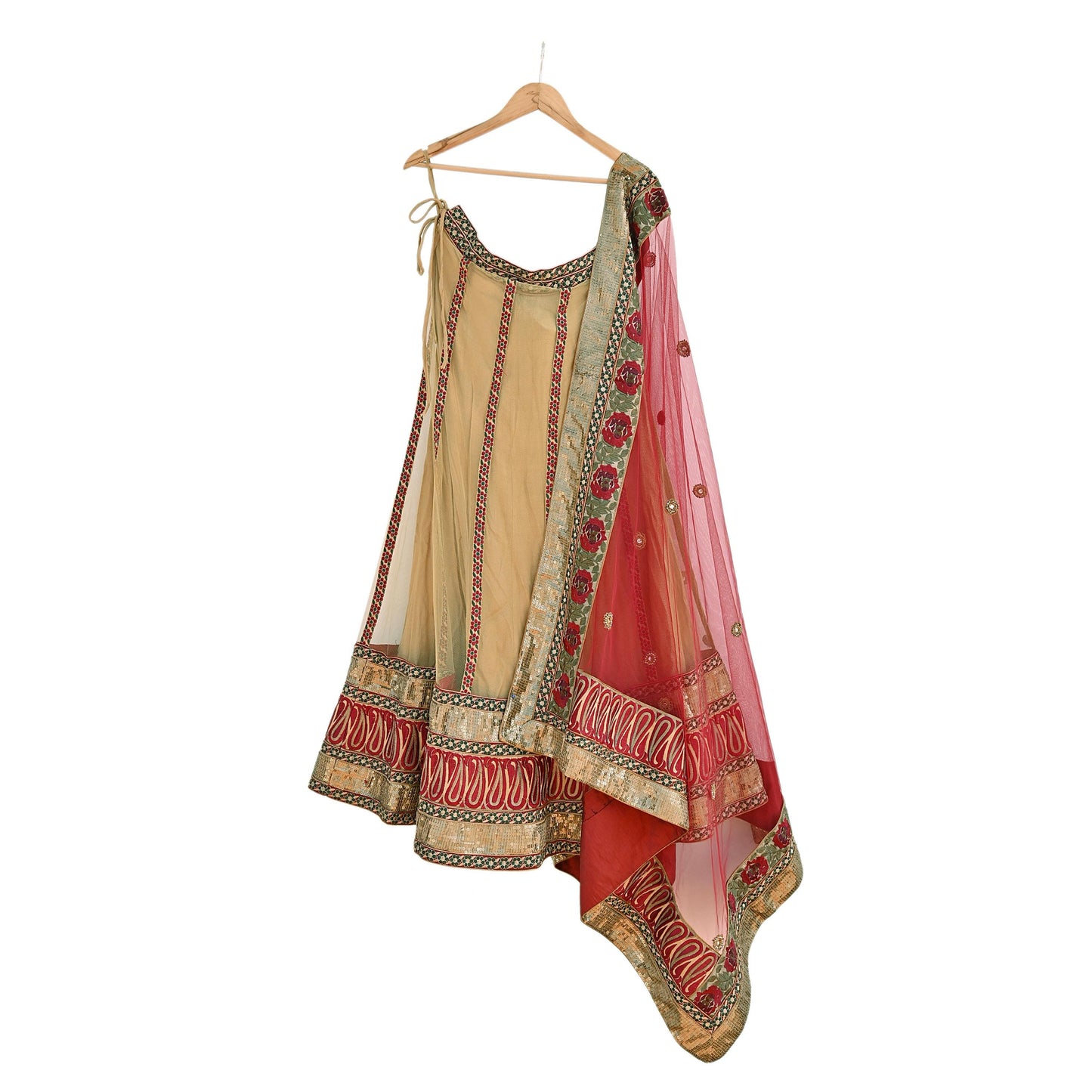 Indian Vintage Beige & Red Net/Mesh Hand Embroidered Lehenga 2pcs Set Bridal Party Wear With Blouse/Dupatta Bollywood Lehenga Zardozi/ Dabka