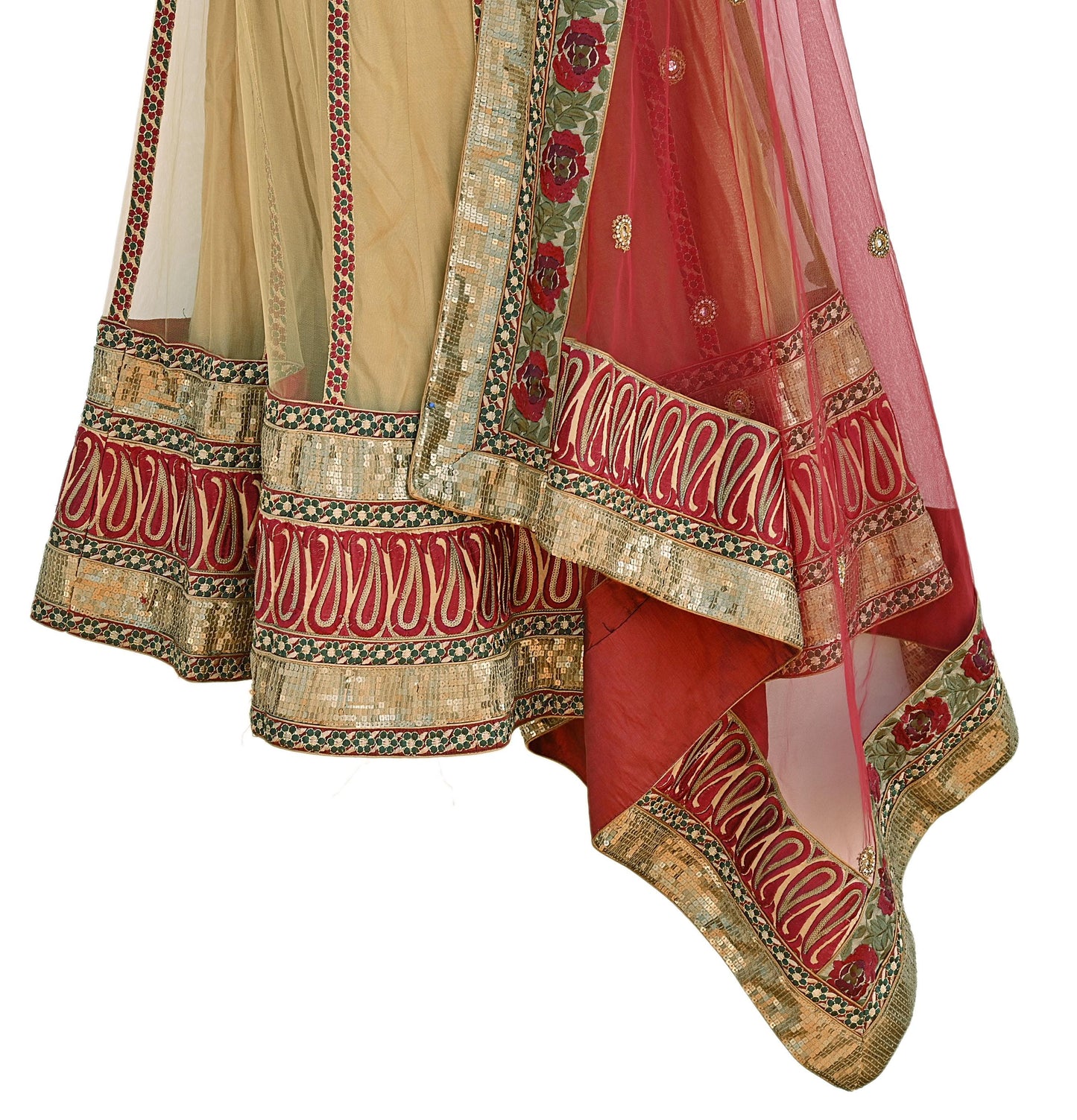 Indian Vintage Beige & Red Net/Mesh Hand Embroidered Lehenga 2pcs Set Bridal Party Wear With Blouse/Dupatta Bollywood Lehenga Zardozi/ Dabka