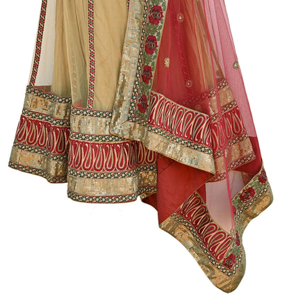 Indian Vintage Beige & Red Net/Mesh Hand Embroidered Lehenga 2pcs Set Bridal Party Wear With Blouse/Dupatta Bollywood Lehenga Zardozi/ Dabka