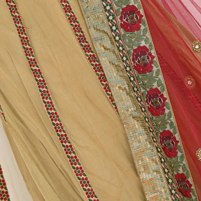 Indian Vintage Beige & Red Net/Mesh Hand Embroidered Lehenga 2pcs Set Bridal Party Wear With Blouse/Dupatta Bollywood Lehenga Zardozi/ Dabka