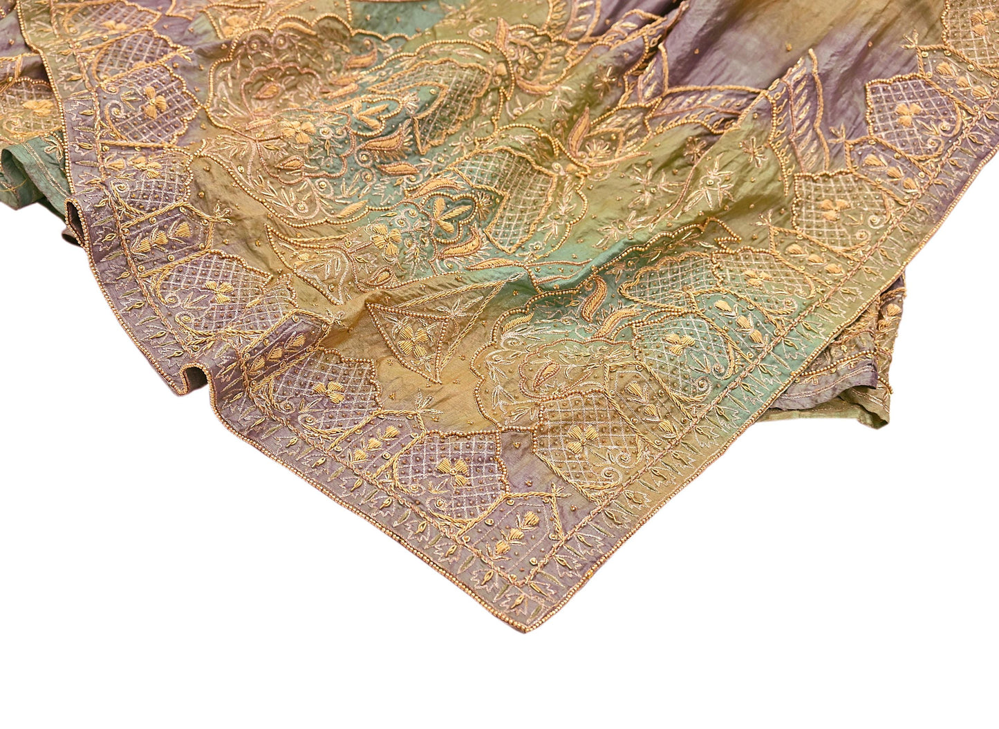 Indian Vintage Heavy Green Pure Silk Hand Embroidered Lehenga/Dupatta party Wear Zardozi/ Dabka, Zari
