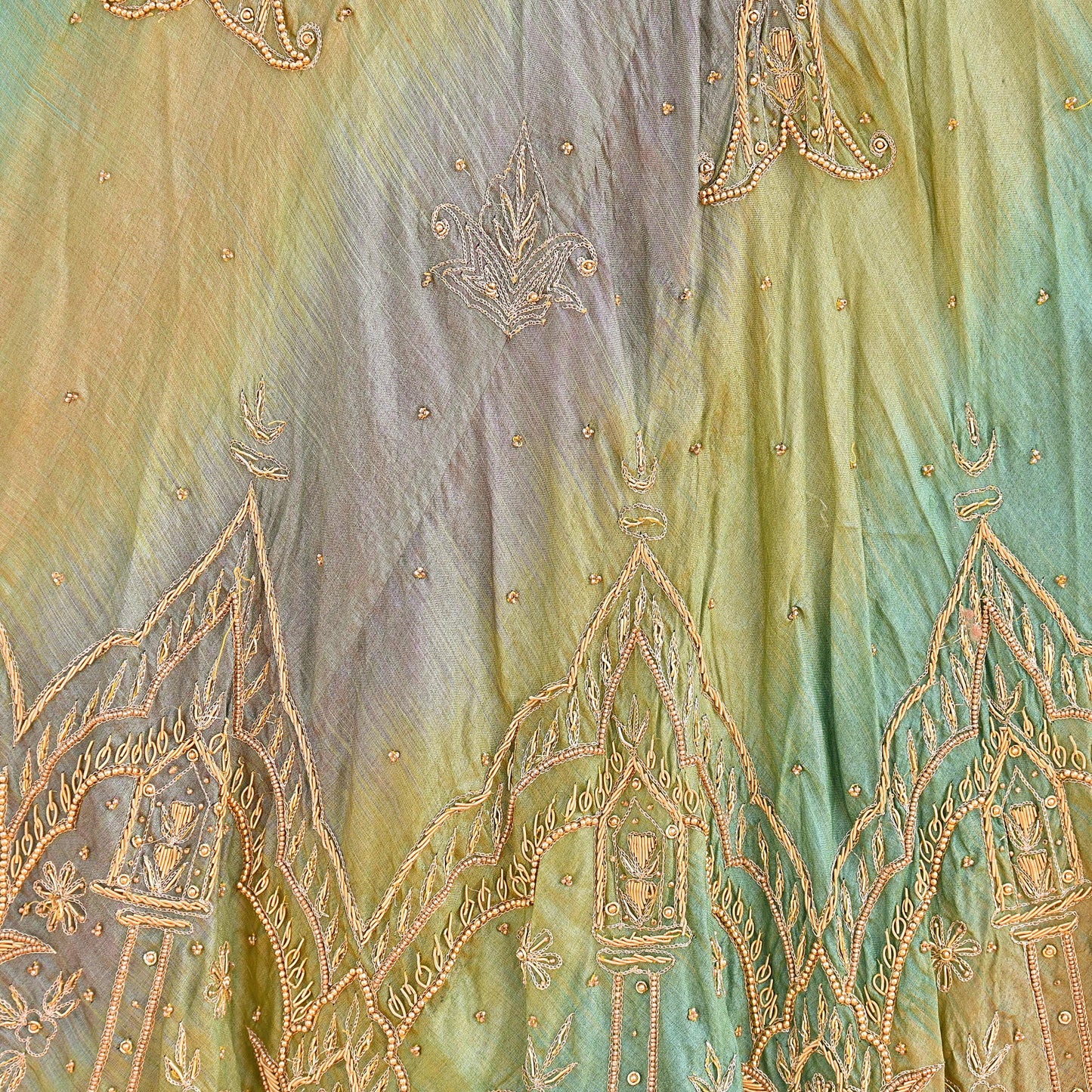 Indian Vintage Green & Purple Pure Silk Hand Embroidered Skirt Bridal Party Wear Bollywood Lehenga Zardozi/ Dabka, Zari